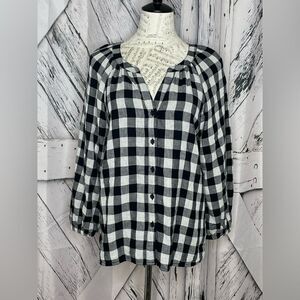 beachlunchlounge Black & White Checkered Peasant Top Sz M